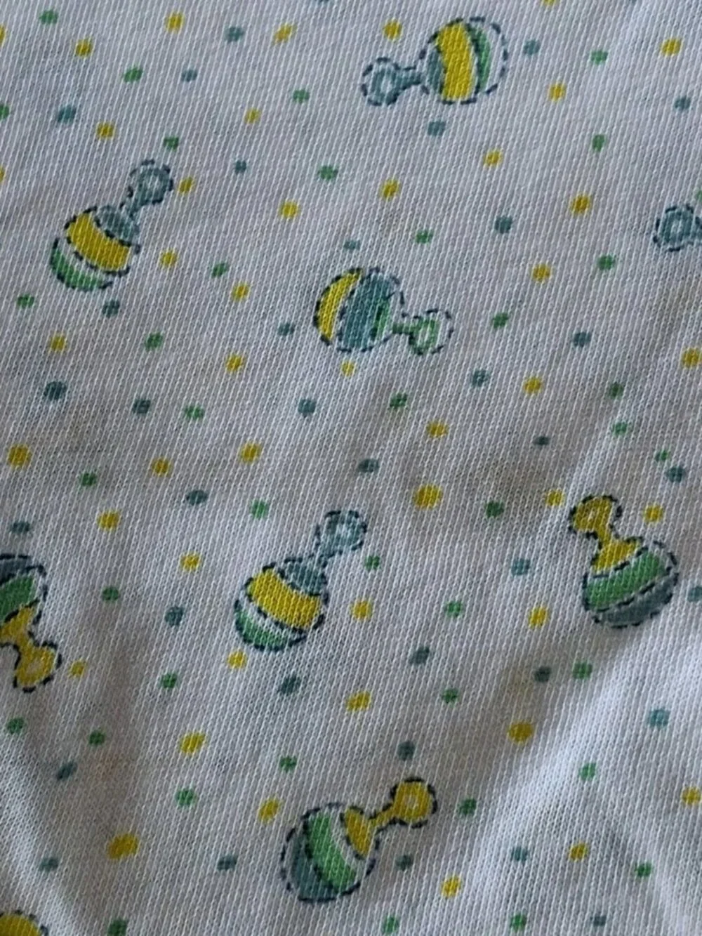Vtg Knit Fabric Stretch Material - Blue Green Yellow Neutral Baby Rattles 1.25yd